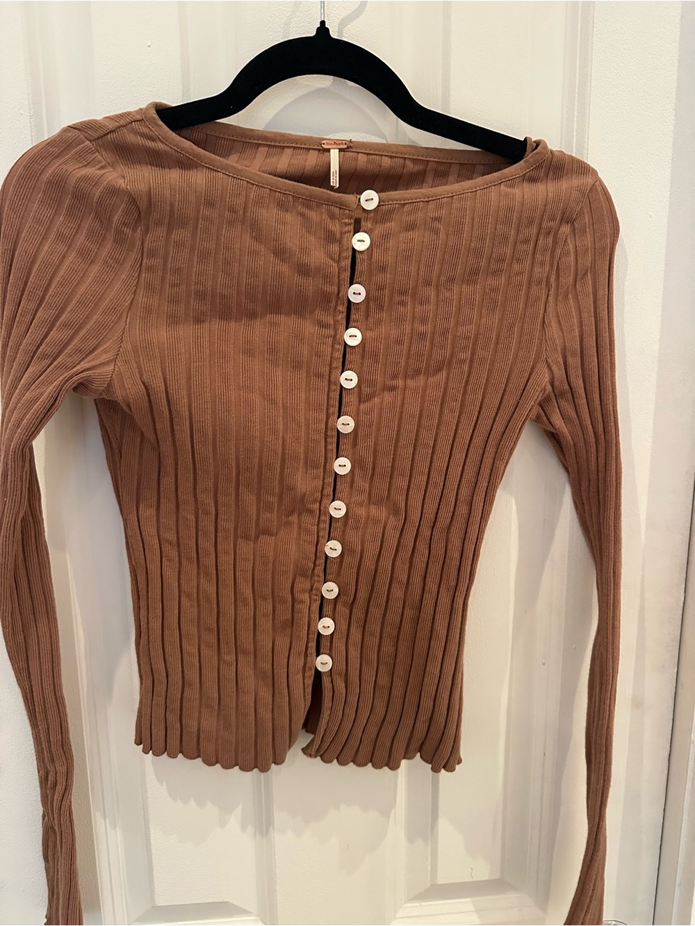 Free People Ribbed Button-Front Cardigan — Brown